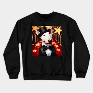 Happy bull terrier wearing tuxedo and hat in front of stars Crewneck Sweatshirt